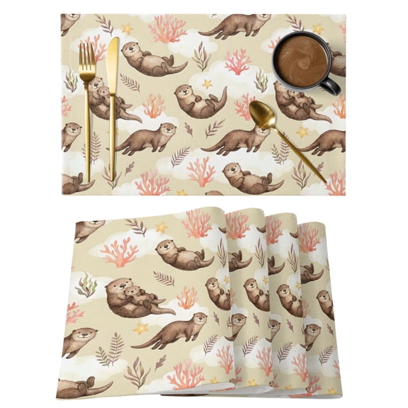 Cute Sea Otters Placemats Set of 4 Coastal Coral Ocean Seagrass Country Cloud Place Mats Indoor Wipeable Table Mats Washable Cloth Dining Table Placemats for Kitchen Holiday Party Decor 13x19 Inch