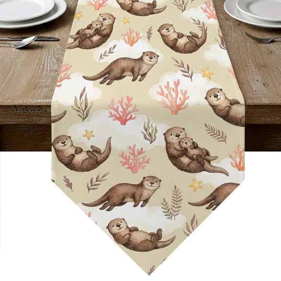 Cute Sea Otters Table Runner Linen Burlap Table Runner 36 Inches Small Coastal Coral Ocean Seagrass Country Cloud Dresser Scarves for Kitchen Island Coffee Dining Room Party Holiday Decor 13"x36"