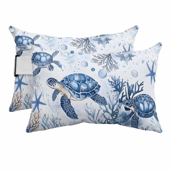 Cute Sea Turtle Coral Starfish Outdoor Pillow for Chaise Lounge Chair,Head RestingPillow with Insert, Blue Ocean World Marine Life Waterproof Lumbar Pillows for Patio,11"x16" 2 Pack