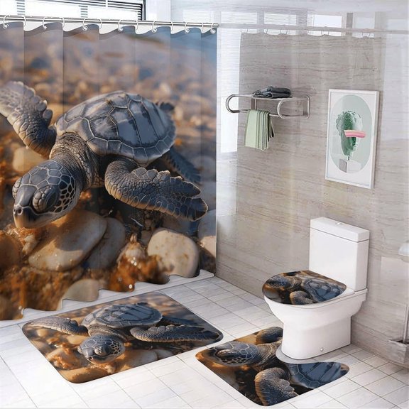 Cute Sea Turtle Crawled on The Beach Shower Curtains Set 4 Piece with Non-Slip Rugs, Toilet Lid Cover and Bath Mat Soft Bathroom Carpet Waterproof Bathroom Curtain with 12 Hooks for Bathroom Decor