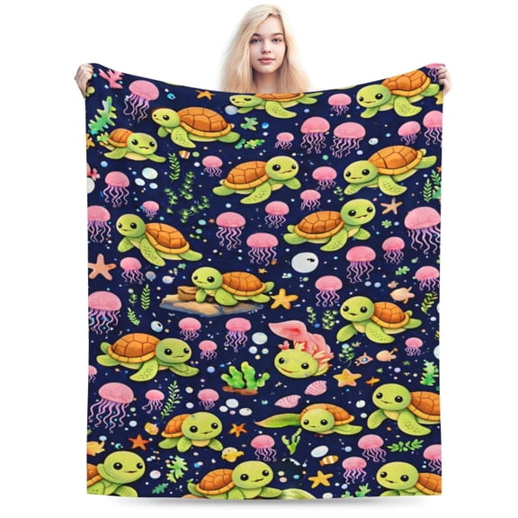 Cute Sea Turtle Pattern Throw Blanket, Kawaii Ocean Animal Art Fleece Blanket, Soft Warm Decorative Blanket for Sofa Bed Couch, Adult Home Decor 50x40