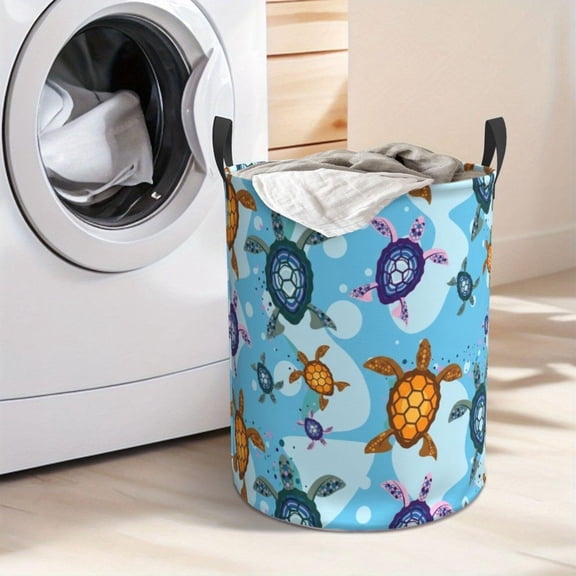 Cute Sea Turtle Print Laundry Hamper Portable Storage Hamper with Sturdy Handle, Oxford Cloth, Easy to Store and Collapsible Design, Laundry Baskets
