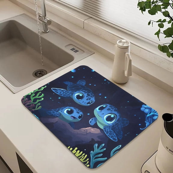 Cute Sea Turtles Dish Drying Mat for Kitchen Counter Absorbent Drainer Mats (15.7X11.8Inch)