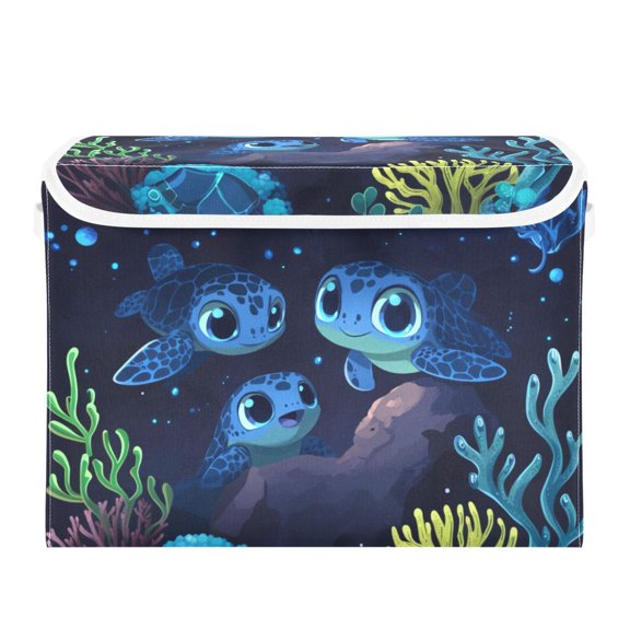 Cute Sea Turtles Large Storage Bins with Linen Collapsible Lid Storage Box 16.7 x 12.6 x 11.8in