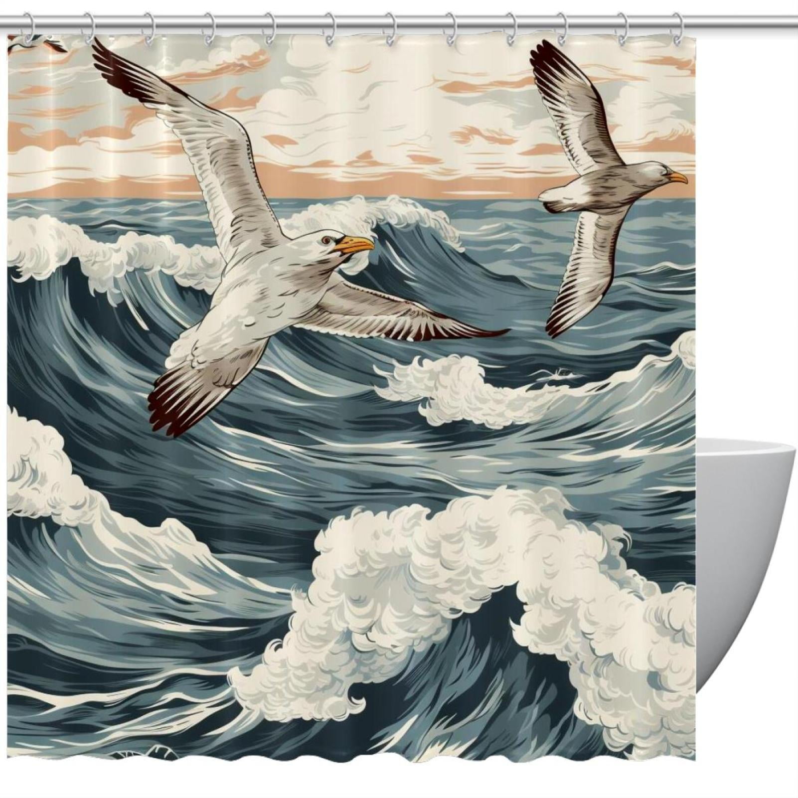 Cute Seagulls Shower Curtain for Bathroom, Waterproof and Durable