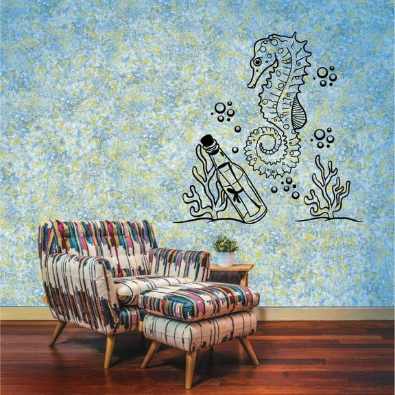 Cute Seahorse Message In A Bottle UnderwaterSilhouette Drawing Cartoon Vinyl Wall Decal Wall Sticker Wall Art Home Decoration Fun Home Decoration For Girls Boys Kids Room House Décor Size (40x40 inch)