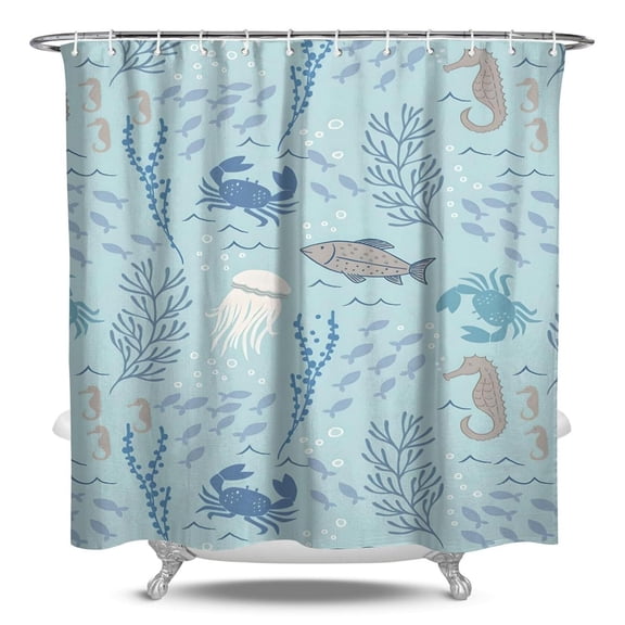 Cute Seahorse Shower Curtain Waterproof Fabric with Plastic Hooks, Tropical Coastal Nautical Cartoon Print Bathroom Shower Curtain Featuring Marine Life, Coral, Seashells, and Ocean Waves Pattern