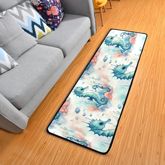 Cute Seahorse and Seaweed Hallway Runner Rug 2'X6' Non-Slip Washable Carpet Runner Kitchen Entryway Laundry Bedroom