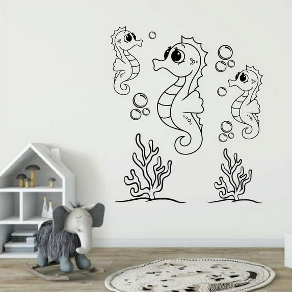 Cute Seahorses Cartoon Family Underwater Silhouette Drawing Cartoon Vinyl Wall Decal Wall Sticker Wall Art Home Decoration Fun Home Decoration For Girls Boys Kids Room House Décor Size (10x10 inch)
