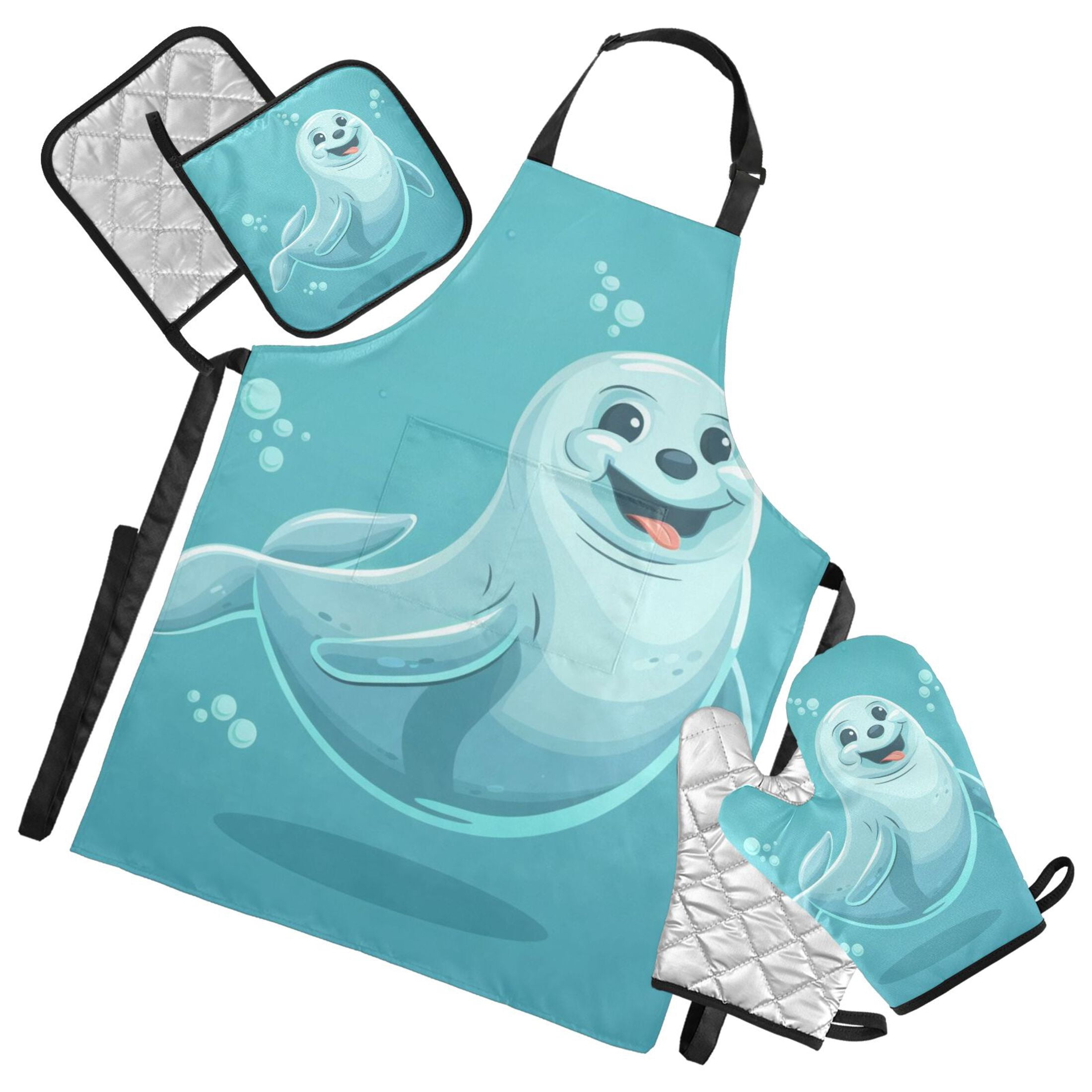 Cute Seal 5 Pcs Kitchen Set Heat Resistant Oven Mitts and Non-Slip Pot Holders with Adjustable Cooking Apron