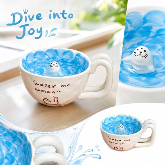 Cute Seal Ceramic Mug, Creativity Coffee Cup 3D Standing Seal Figurine with Textured Ocean Beach Seashell Saucer for Animal Lovers
