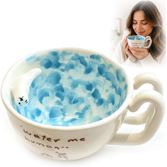 Cute Seal Coffee Mug with 3D Swimming Seal Inside, Handmade Ceramic Tea Cup, Ocean-Themed Novelty Mug for Animal Lovers, Blue Ocean Interior