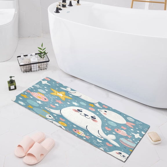 Cute Seal Fish Star Dot Bath Mat 39x20 Non-Slip Bathroom Rugs Absorbent Soft Plush Quick Dry for Tub Shower Kitchen Home Decor