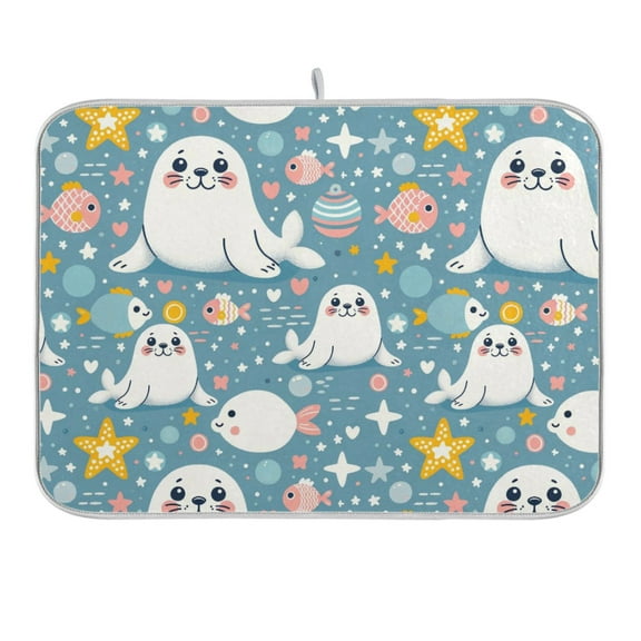 Cute Seal Fish Star Dot Dish Drying Mat 16x18 Absorbent Microfiber Draining Rack Pad for Kitchen Counter Sink
