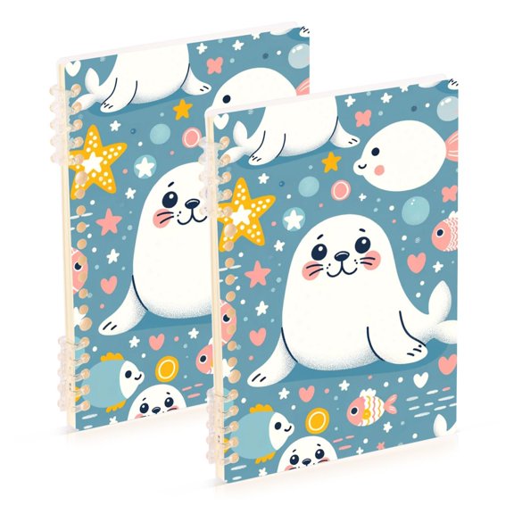 Cute Seal Fish Star Dot Notebooks 2 Pcs 1-subject Journal 60 Sheets A5 College Ruled Paper Detachable Ring 8.3"x5.7"