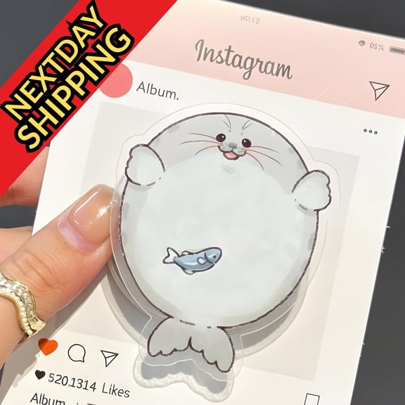 Cute Seal MagSafe Phone Grip Adorable Seal with Fish Design Magnetic Phone Holder, Fun Gift for Animal Lovers, Playful Phone Accessory