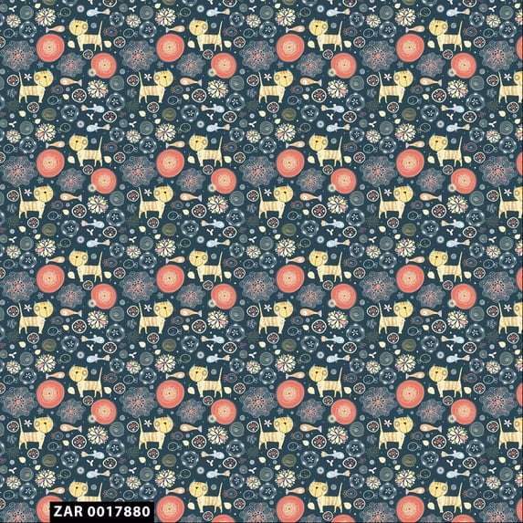 Cute Seamless Cat and Fish Pattern 100% Cotton Quilting Fabric for DIY Projects by 105 YARDS - (Dark Teal, Coral and Buttercup) - PRINT FABRIC