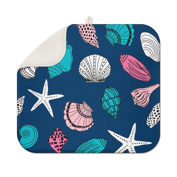 Cute Seashell Countertop Drying Mat - Foldable Absorbent Microfiber Pad with Beach Theme for Small Kitchens