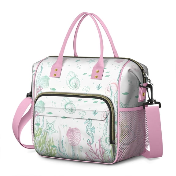 Cute Seashell Insulated Lunch Box – Leakproof Cooler Tote with Ocean Starfish and Shell Pattern, Foldable for School, Travel, or Work