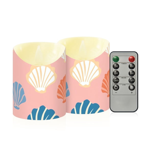 Cute Seashells Pastel Style Flickering Flameless Candles with Remote Timer Battery Operated LED Tealight Set of 2 S