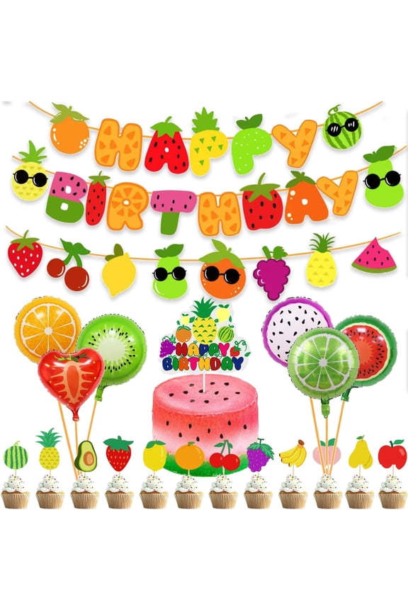 Cute Sensory Fruit Birthday Decorations for 1st Baby Birthday Party Fruit Theme Party Supplies Cake Cupcake Toppers Fruit Theme Happy Birthday Banner Balloons for Boys and Girls Fruit Party Decor