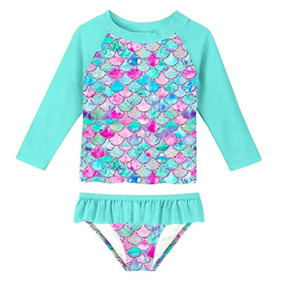 Cute Sequins Toddler Baby Girl Swimwear Long Sleeve UPF50+ Infant Bathing Suits Bright Ruffle Swimsuit Kids Two Piece Beachwear