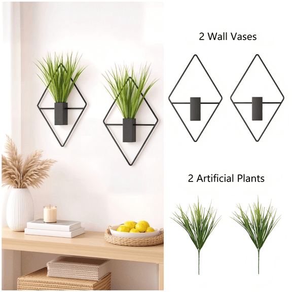 Cute Set of 2 Small Wall Hanging Planters, 10x5 Inch Mini Geometric Wall Vase with Artificial Plants, Compact Boho Farmhouse Decor for Bathroom, Living Room, Bedroom, Office (Black)