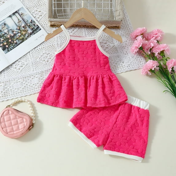 Cute Sets for Girls 6M-4Y Sleeveless Peplum Tank Tops and Shorts 2 Piece Outfits Toddlers Kids Solid Color Floral Vacation Travel Suits Set