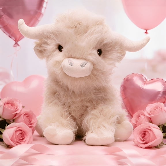 Cute Shaggy White Cow Plush Stuffed Animal, Soft Longhair Fluffy Cow Toy for Kids Birthday Gift and Nursery Decor