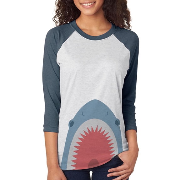 Cute Shark Attack Unisex Raglan T Shirt Indigo Heather-Heather White X-LG