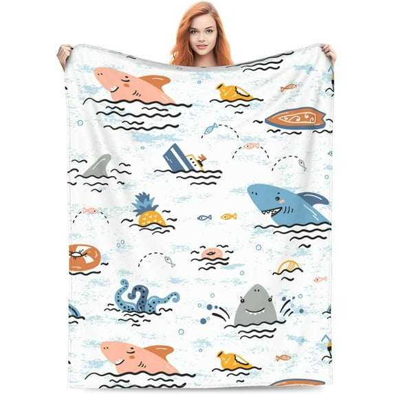 Cute Shark Blanket Gifts Soft Warm Lightweight Cozy Shark Octopus Sea Animal Throw Blankets for Bed Living Room Sofa Couch Soccer Decor 60"x80"in