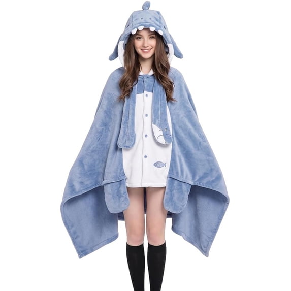 Cute Shark Blanket Hoodie, Wearable Shark Blanket Adult for Halloween Cosplay, Soft Hooded Bat Cape for Women