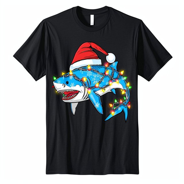 Cute Shark Christmas Lights Santa Hat Graffiti Style Vector Art Black T