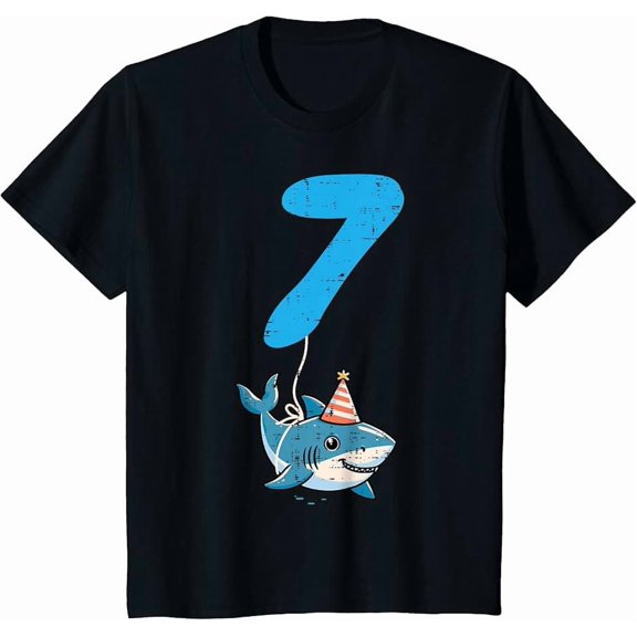 Cute Shark Holding Number 7 Balloon T Shirt For 7 Year Old Kids Funny Birthday Gift Unisex Short Sleeve Cotton Tee