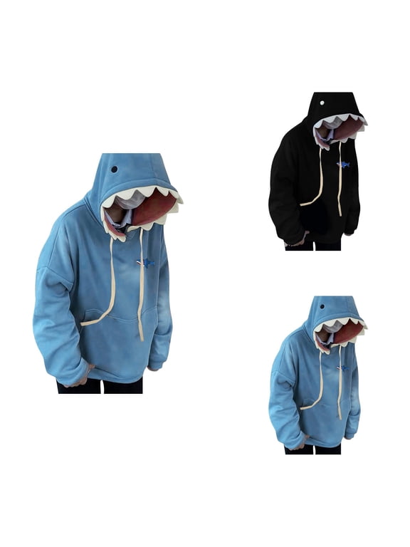 Cute Shark Hoodie for Women, Long Sleeve Blue Kawaii Animal Hooded Pullover Sweatshirt, Preppy Cartoon Top for Girls