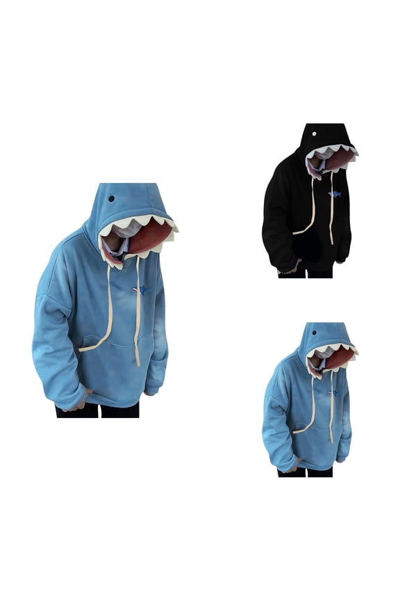 Cute Shark Hoodie for Women, Long Sleeve Blue Kawaii Animal Hooded Pullover Sweatshirt, Preppy Cartoon Top for Girls