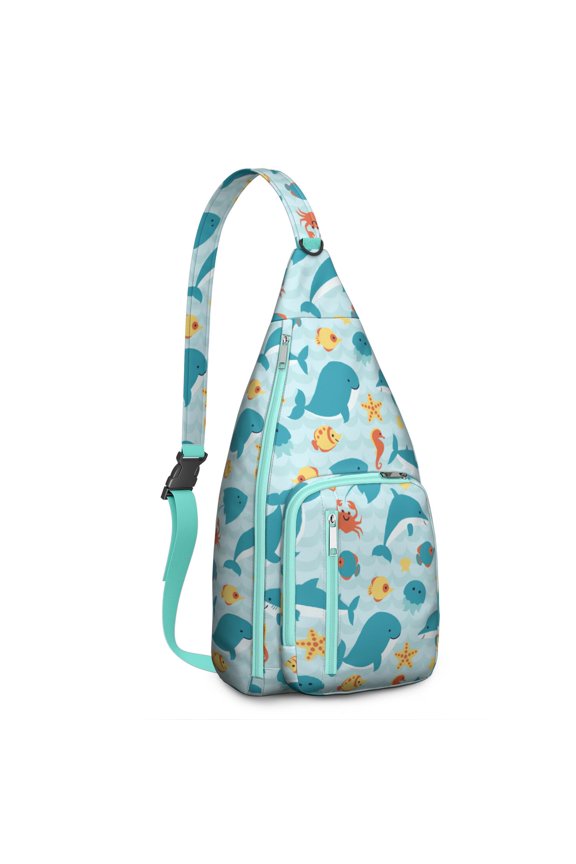 Watercolor Shark Sling Backpack – Vintage Nautical Marine Life Daypack with Whale & Dolphin Design, Lightweight Crossbody Travel Bag for Ocean Lovers & Outdoor Adventures