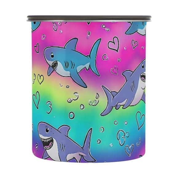 Cute Shark Rainbow Hearts Airtight Coffee Bean Canister 30oz Food Storage Containers with Lids For Gournd, Tea, Sugar, Flour, Rice, Cereal, Candy Cookie Jar