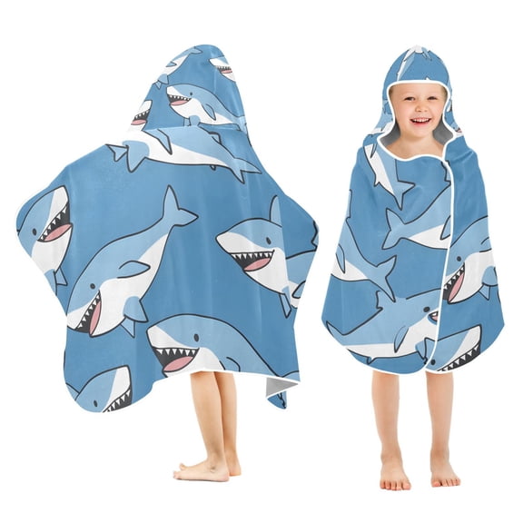 Cute Sharks Cartoon Kids Hooded Beach Towel Baby Bath Poncho Towels with Hood Absorbent 50"x23.5" for Pool Swimming