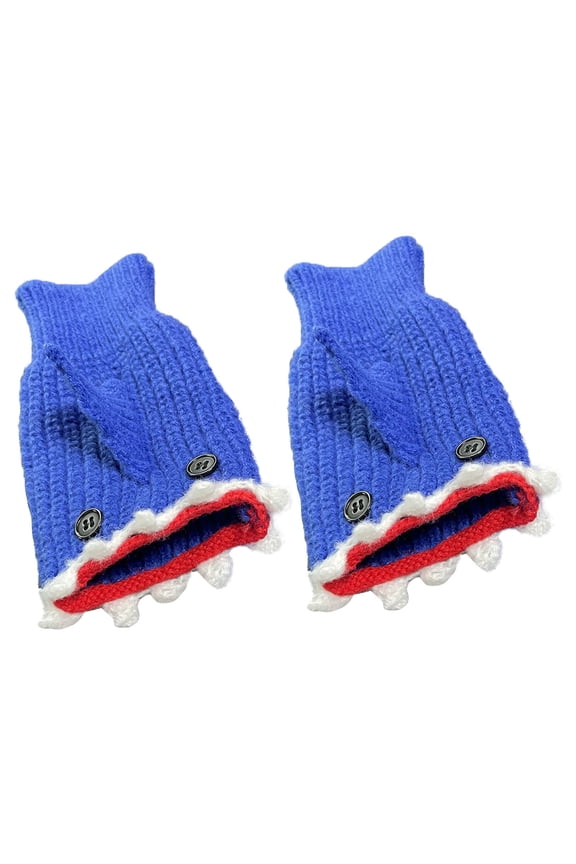 Cute Sharks Half-Finger Winter Gloves – Warm Knit Mittens with Embroidered Teeth, Thermal Acrylic Insulation, Fleece Lined, Half-Finger Design for Texting, Gaming, and Cold-Weather Outdoor Use B