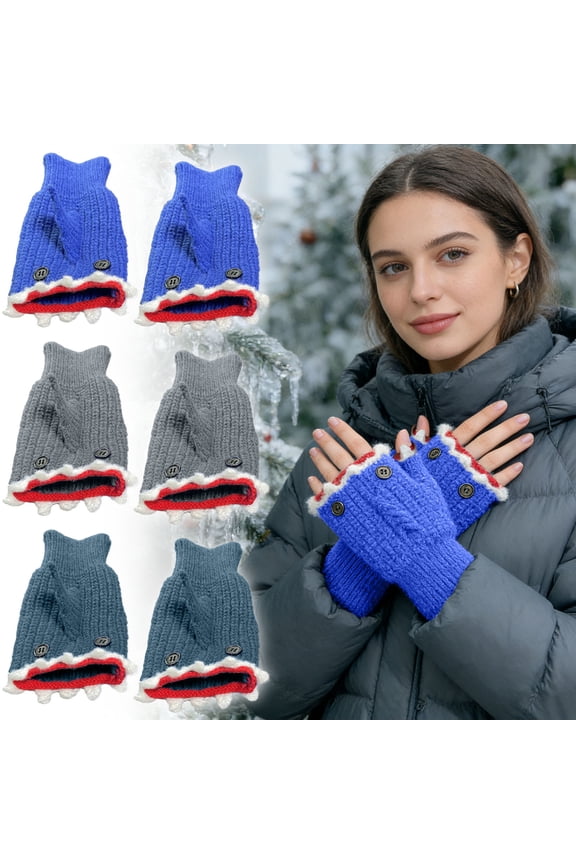 Cute Sharks Half-Finger Winter Gloves, Warm Knit Mittens for Outdoor Texting, Thermal Acrylic Yarn, Fleece Lined, Hood Cover Mitten, One Size Stretch, Funny Design