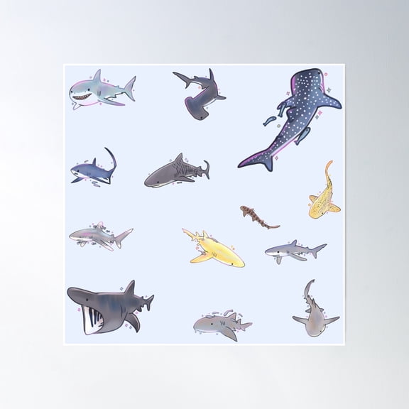 Cute Sharks Pack Poster Wall Art, Modern Wall Decor, 24x24 UNFRAMED