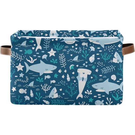 Cute Sharks and Sea Plants Storage Basket, Durable Canvas Organizer With Handles Large Collapsible Storage Bins Boxes for Home Office - 2 Pack Home Decor