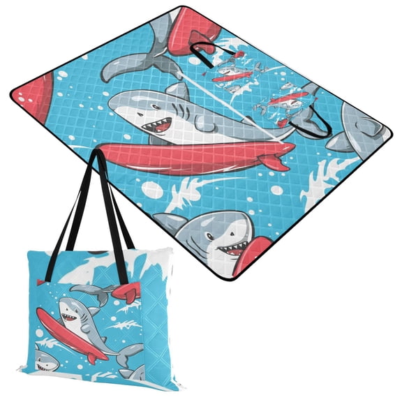 Cute Sharks Surfing Extra Large Picnic Beach Blanket Waterproof Sand Proof Portable Outdoor Mat 60x80