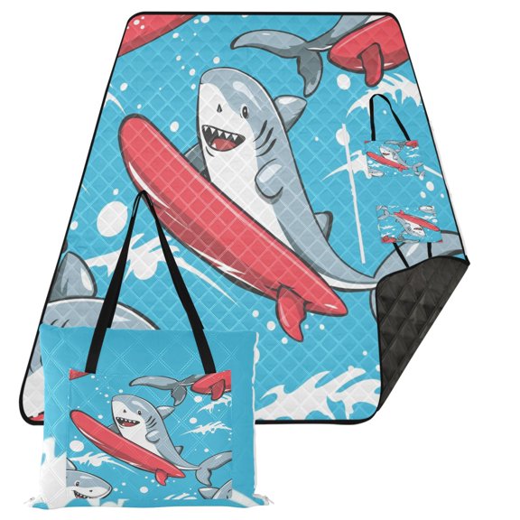 Cute Sharks Surfing Extra Large Picnic Beach Blanket Waterproof Sand Proof Portable Outdoor Mat 80x118