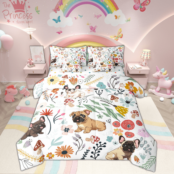 Cute Sharpei Dog Comforter Set 7 Piece Bed in a Bag Twin,Mushroom Floral Cartoon Animal Bedding Sets Watercolor Flowers Leaves Sheet Set with Comforter