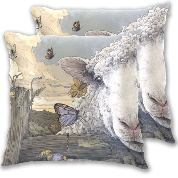 Cute Sheep Behind Fence Flowers Throw Pillow Covers Pillowcases 16 x 16 Inch Home Decor 2 Packs for Bedroom Sofa