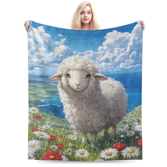 Cute Sheep Blanket Soft Flannel Throw Blanket with Daisy 50x40