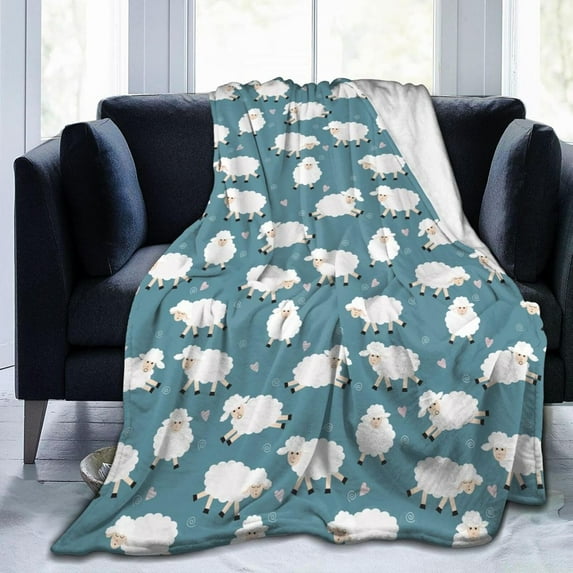 Cute Sheep Blue Background Fleece Blanket Lightweight Ultra-Soft Throw Blanket for Sofa Couch Bed Camping Travel - Super Soft Cozy Microfiber Blanket 50"X40"