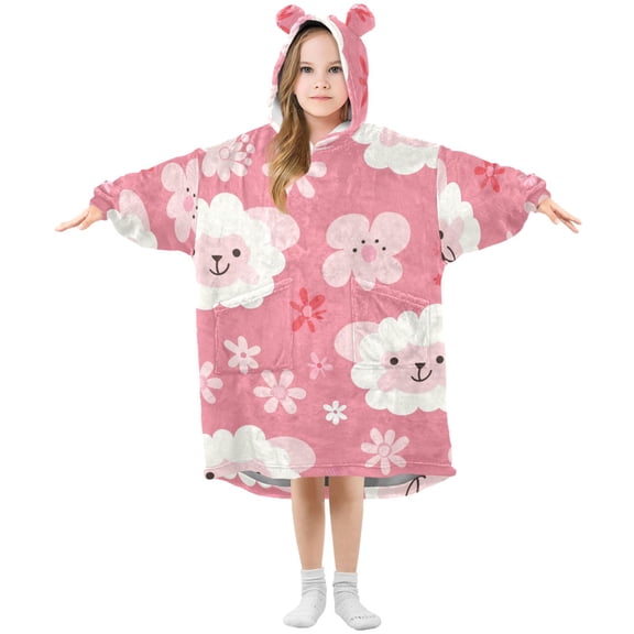Cute Sheep Cartoon Flowers Flannel Wearable Blankets Hooded Design Long Sleeves Wrap Unisex for 3T-14Y S